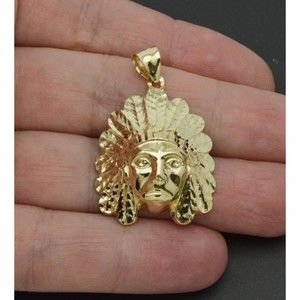 Real 10k Yellow Gold Diamond Cut Indian Head Pendant 38mm length 5 grams